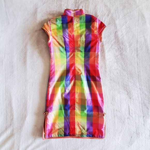 rainbow square gingham traditional Chinese retro bodycon Cheongsam Qipao dress - Picture 4 of 4